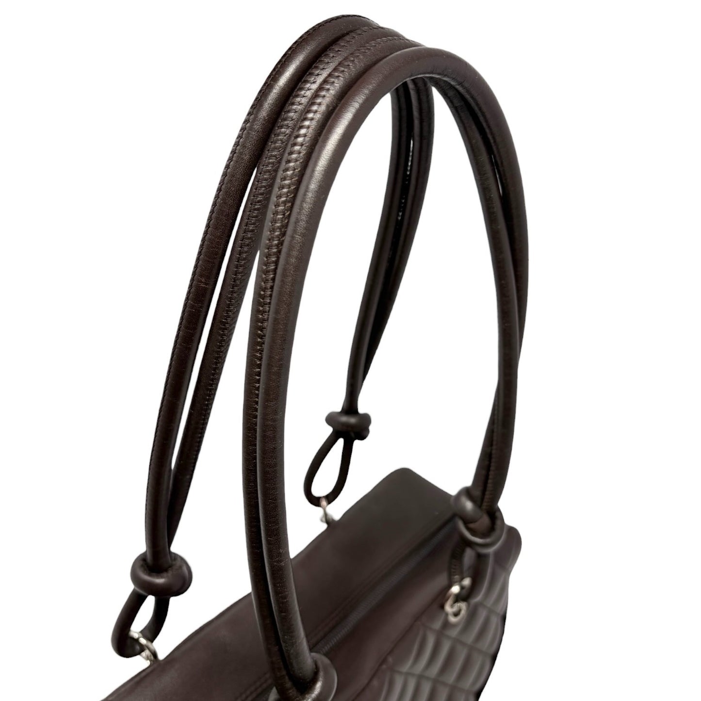 CHANEL Vintage Cambon Line CC Logo Quilted Shoulder Bag Brown Silver Leather