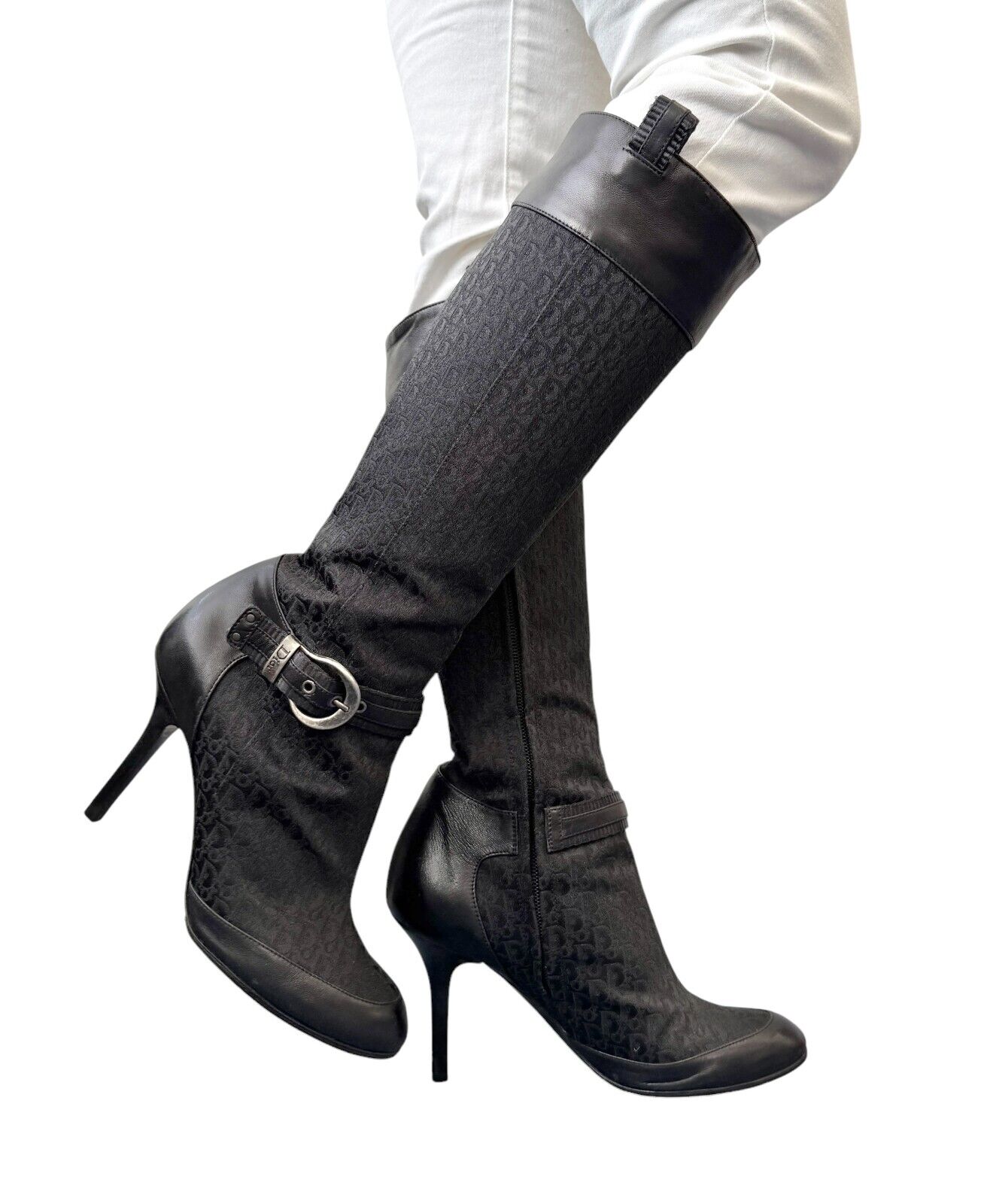 Dior Vintage Trotter Monogram Long Boots Heels #38.5 Black Silver Canvas