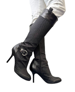 Dior Vintage Trotter Monogram Long Boots Heels #38.5 Black Silver Canvas