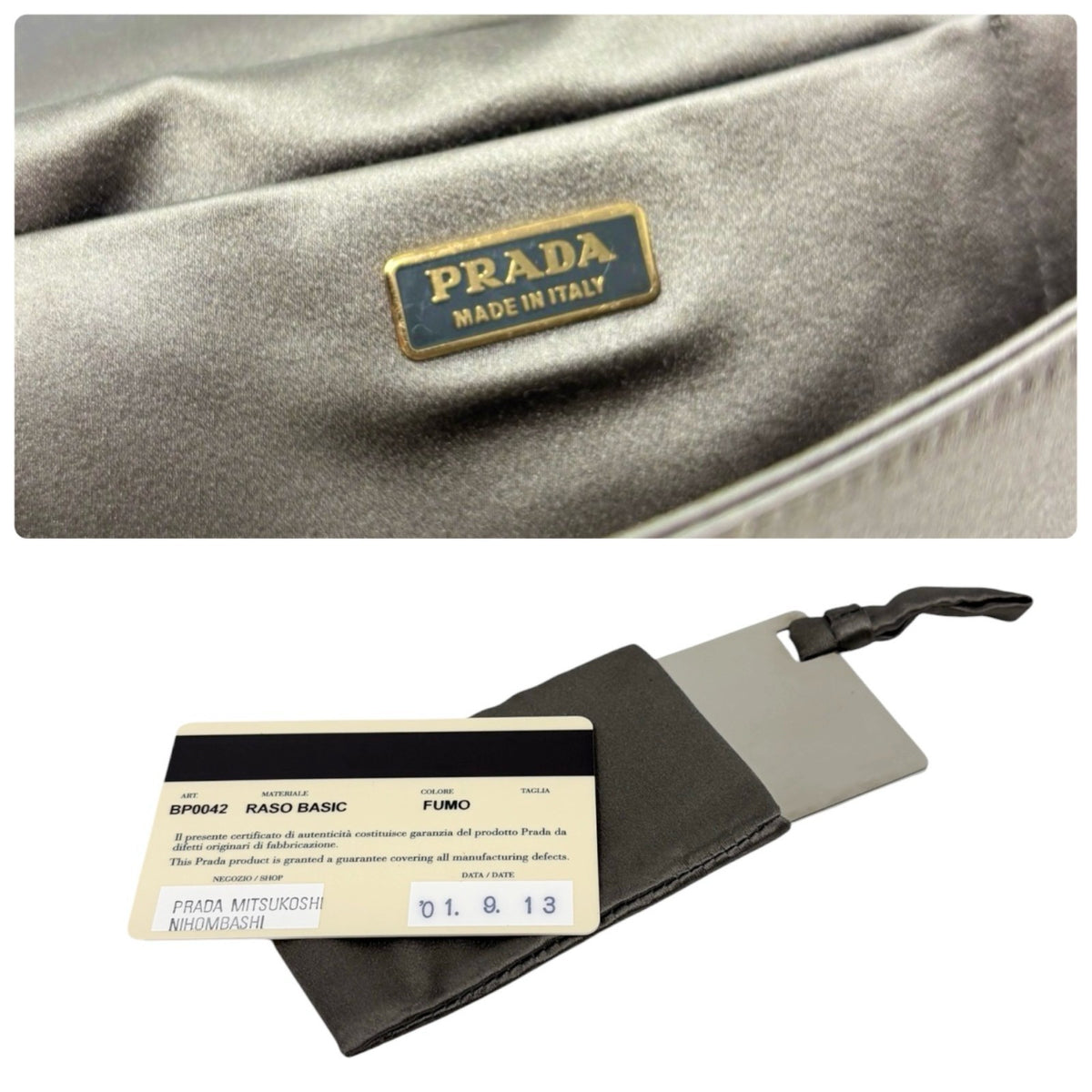 PRADA Vintage Logo Pochette Mini Hand Clutch Bag Satin Silver Gold 902499