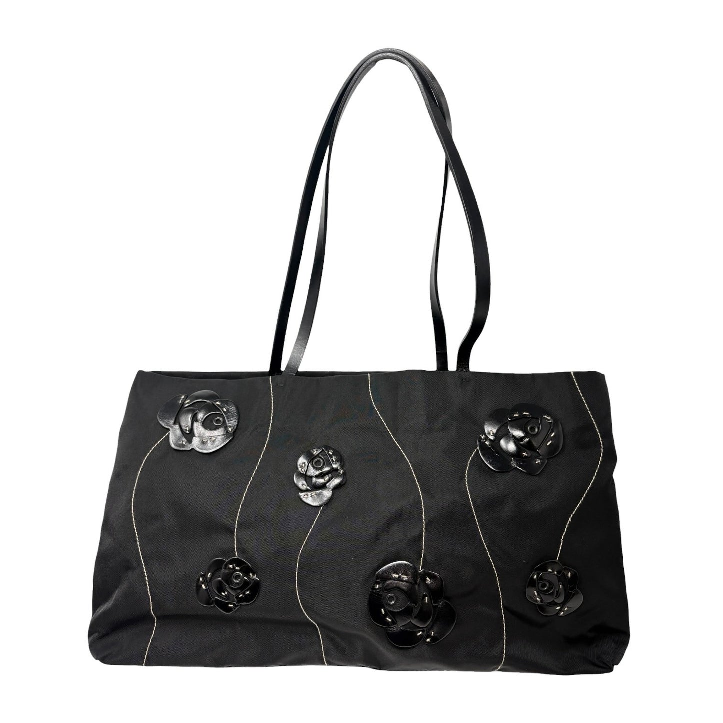 PRADA Vintage Logo Tessuto Nylon Fiori Shoulder Bag Black Gold Rose Leather