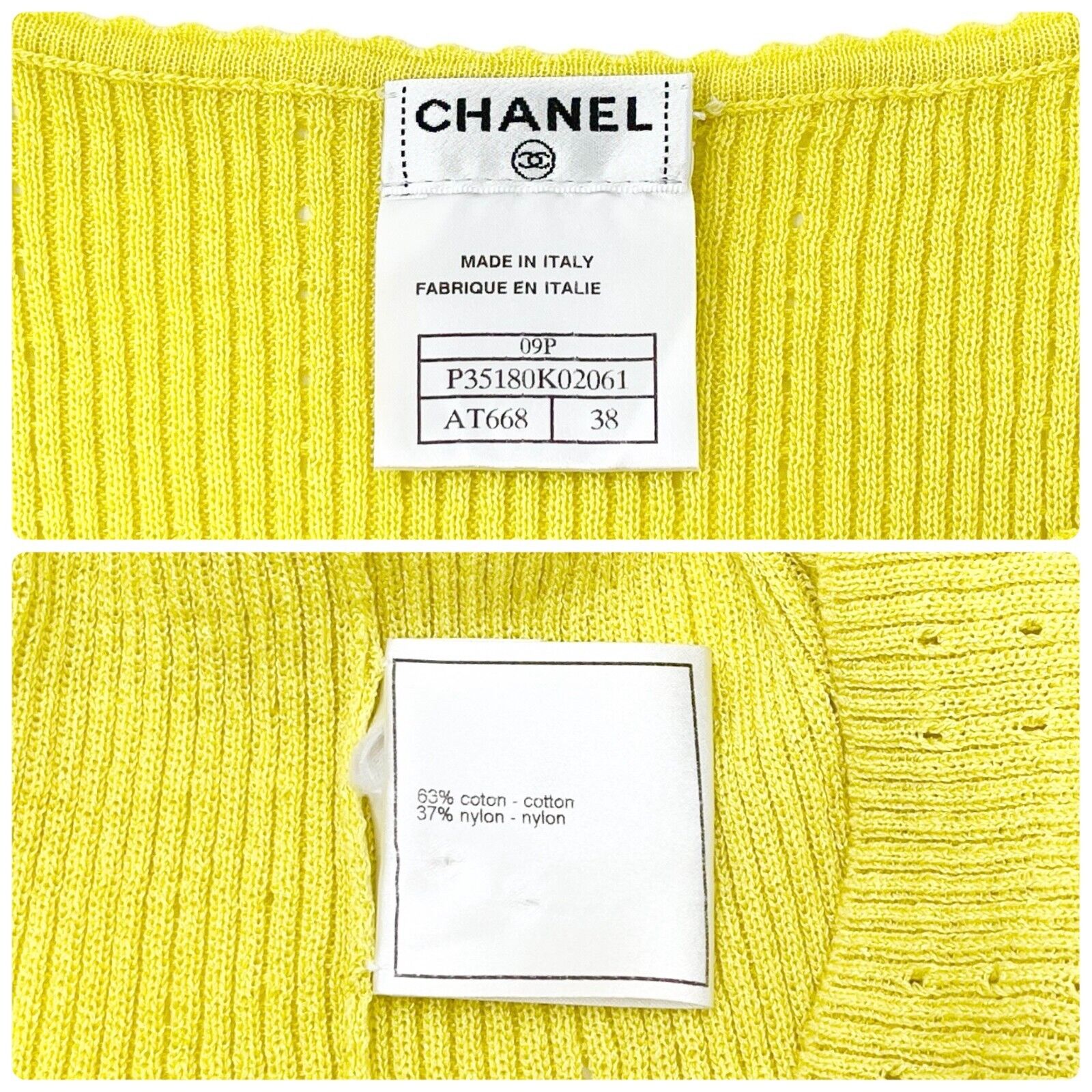 CHANEL Vintage 09P CC Mark Logo Knit Tank Top #38 Yellow Cotton Tunic Rank AB