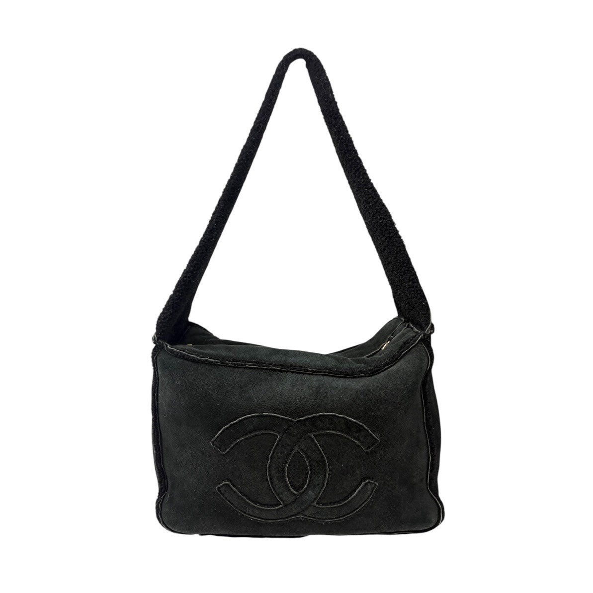 CHANEL Vintage Big CC Shearling Leather One Shoulder Bag Black Mouton Boa