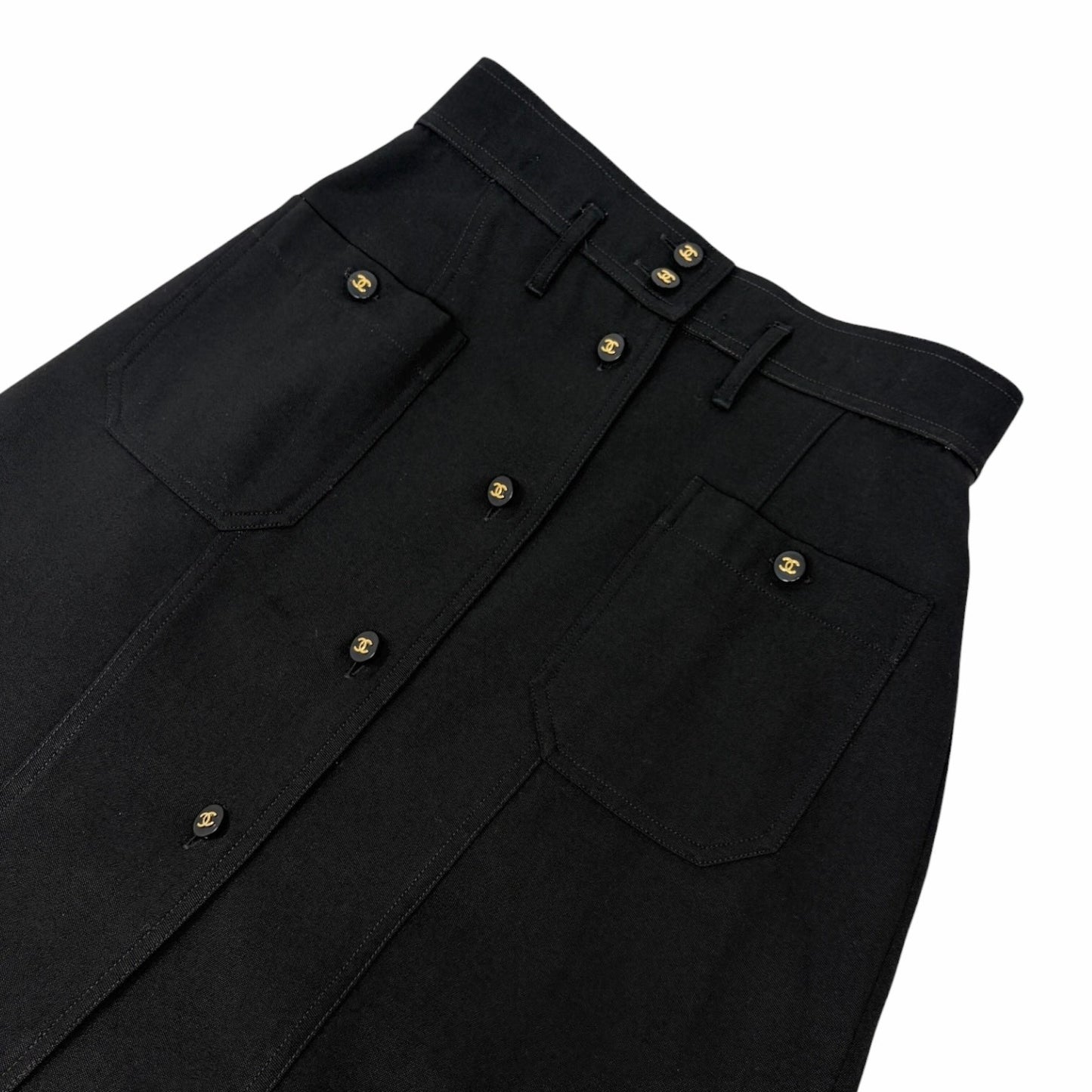 CHANEL Vintage CC Logo Button Knee Length Skirt #34 Black Gold Bottoms 902596