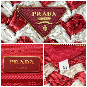 PRADA Vintage Logo Raffia Tote Bag Red Cream Polyethylene Snap Button Rank AB