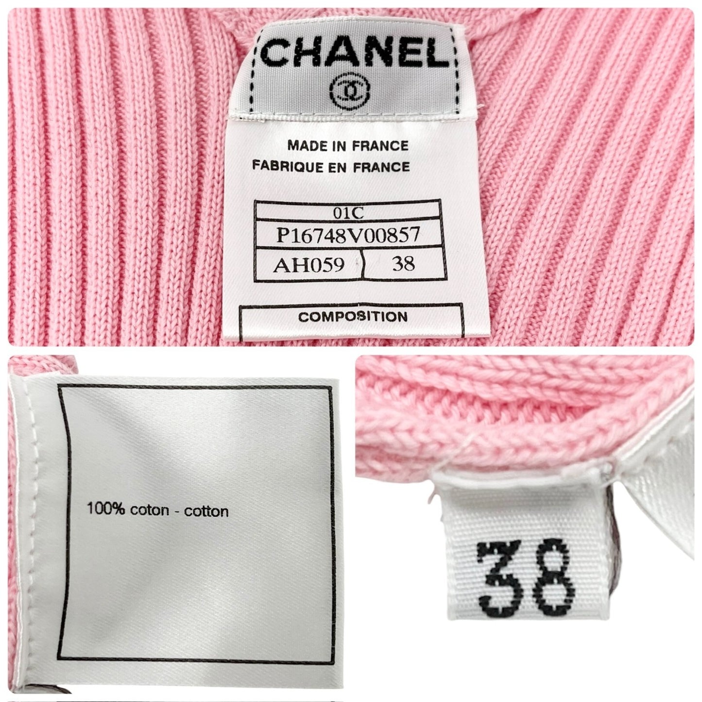 CHANEL Vintage 01C CC Logo Rib Knit Tank Top #38 Pink Gold Ring Cotton Rank AB