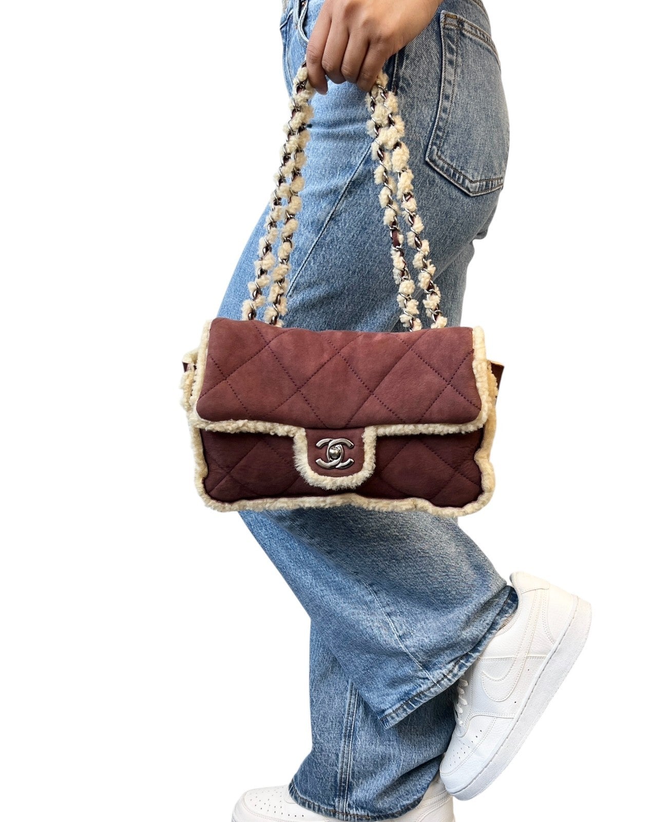 CHANEL Vintage CC Logo Mouton Matelasse Shoulder Bag Chain Brown Beige Suede