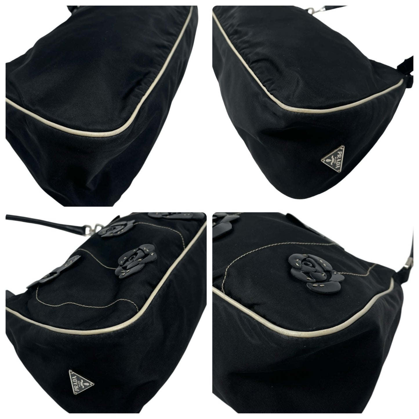 PRADA Vintage Triangle Logo Rose Flower Shoulder Bag Black Nylon Zip 902681