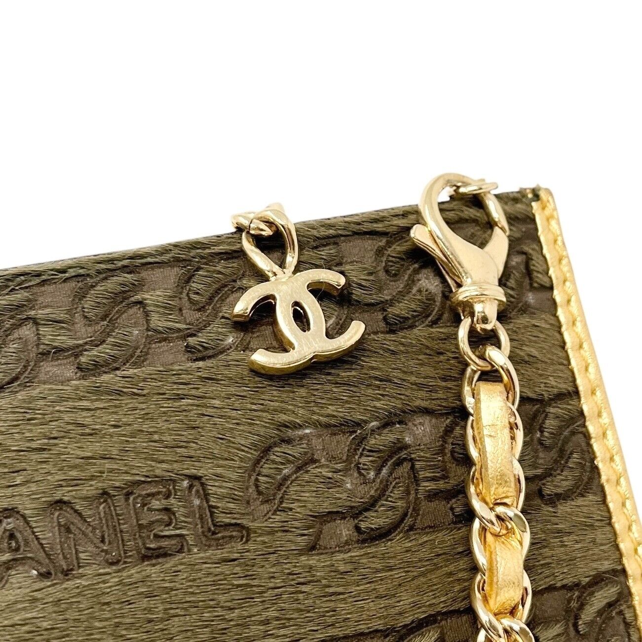 CHANEL Vintage 2001 CC Mark Logo Chain Shoulder Bag Calf Hair Zip Khaki Rank AB