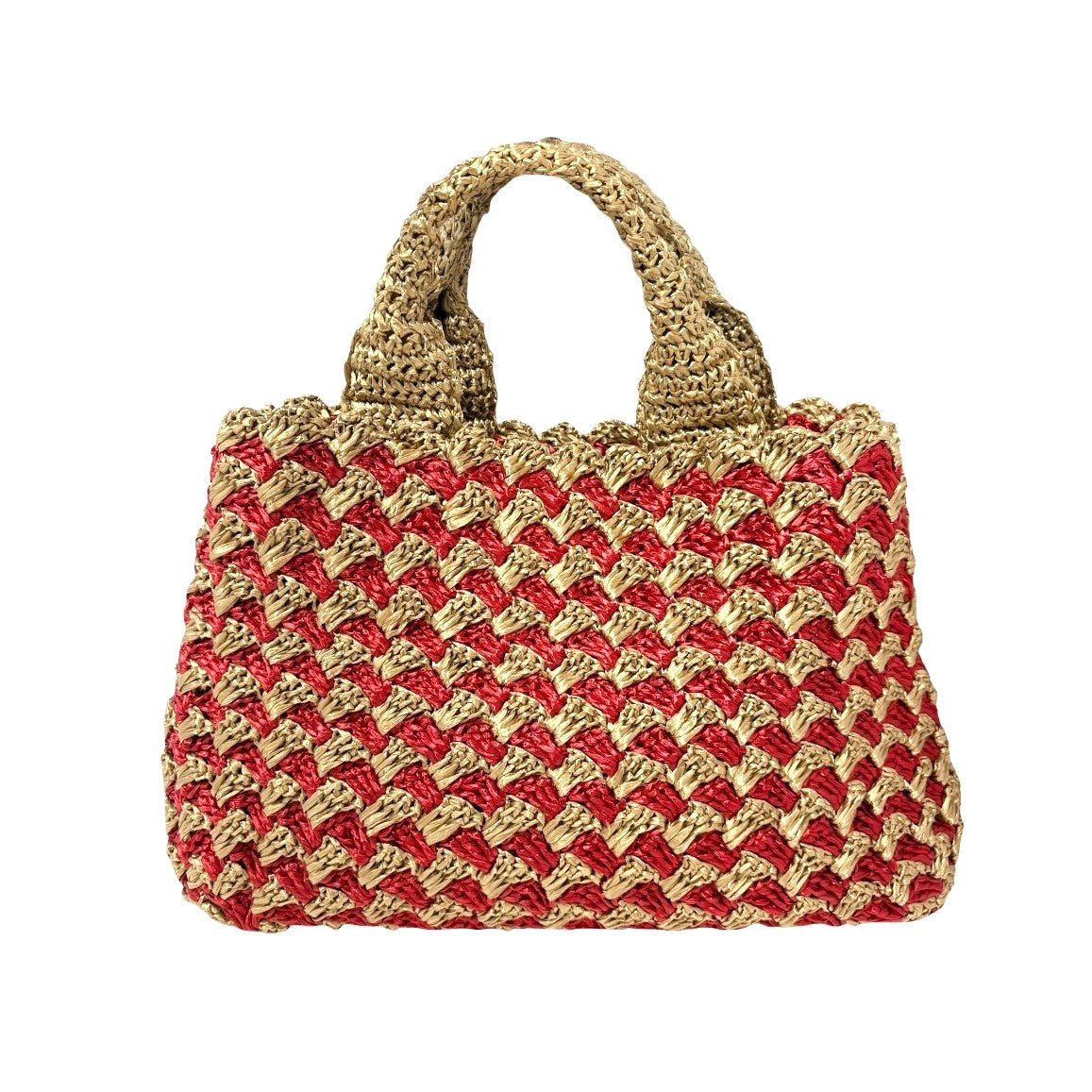 PRADA Vintage Triangle Logo Raffia Canapa Tote Bag Red Beige Gold Crochet