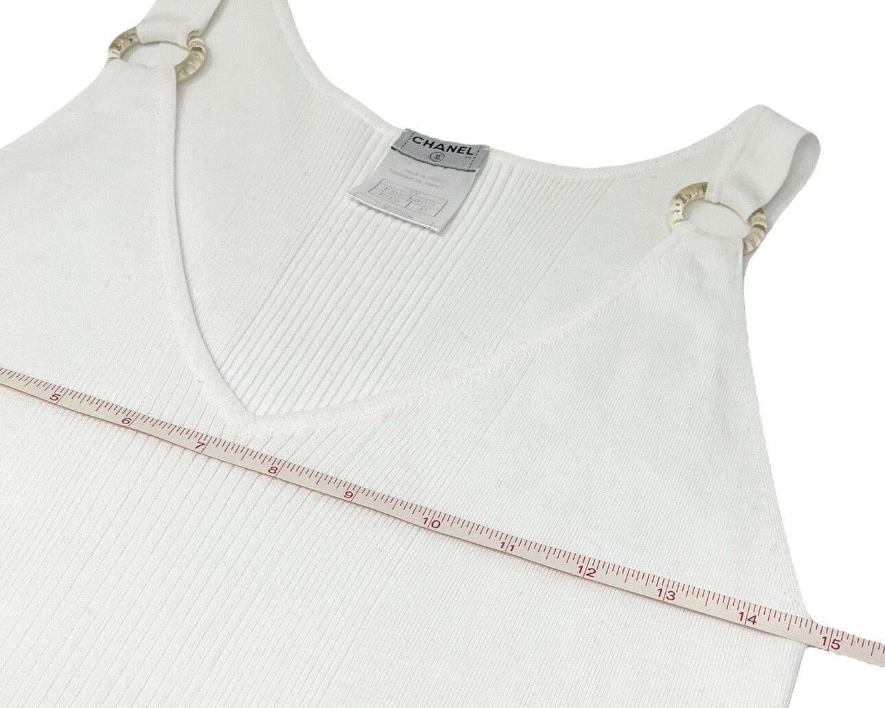 CHANEL Vintage 07P CC Logo Knit Tank #42 Camisole Rib Top White Cotton