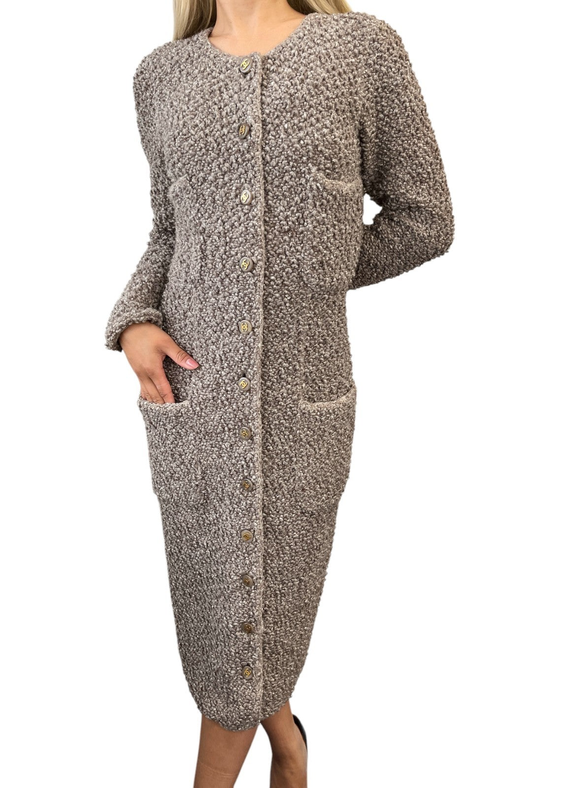 CHANEL Vintage 93A CC Logo Button Long Knit Cardigan Sweater #36 Beige Gray
