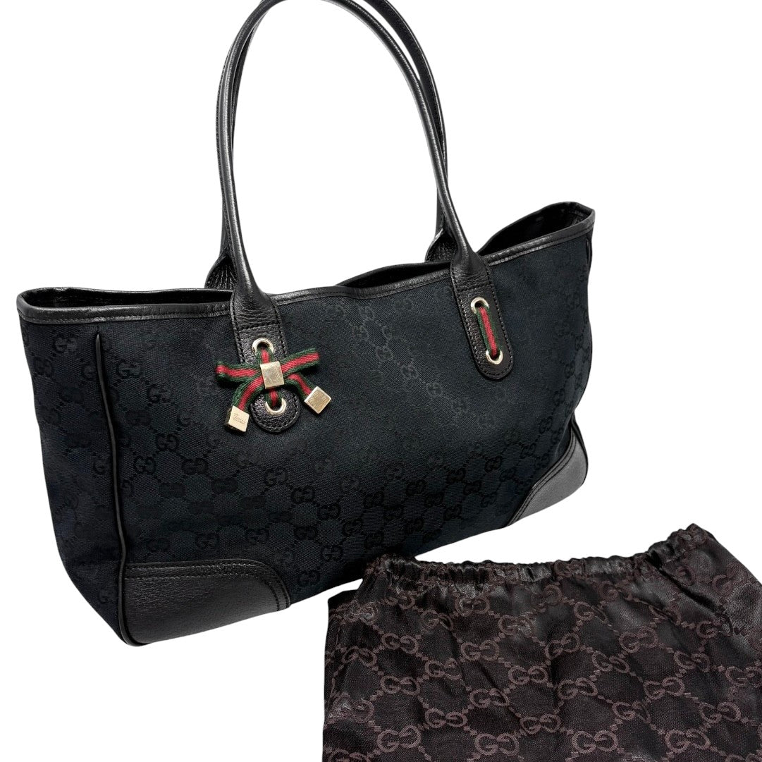 GUCCI Vintage GG Monogram Web Stripe Ribbon Tote Shoulder Bag Black 902464