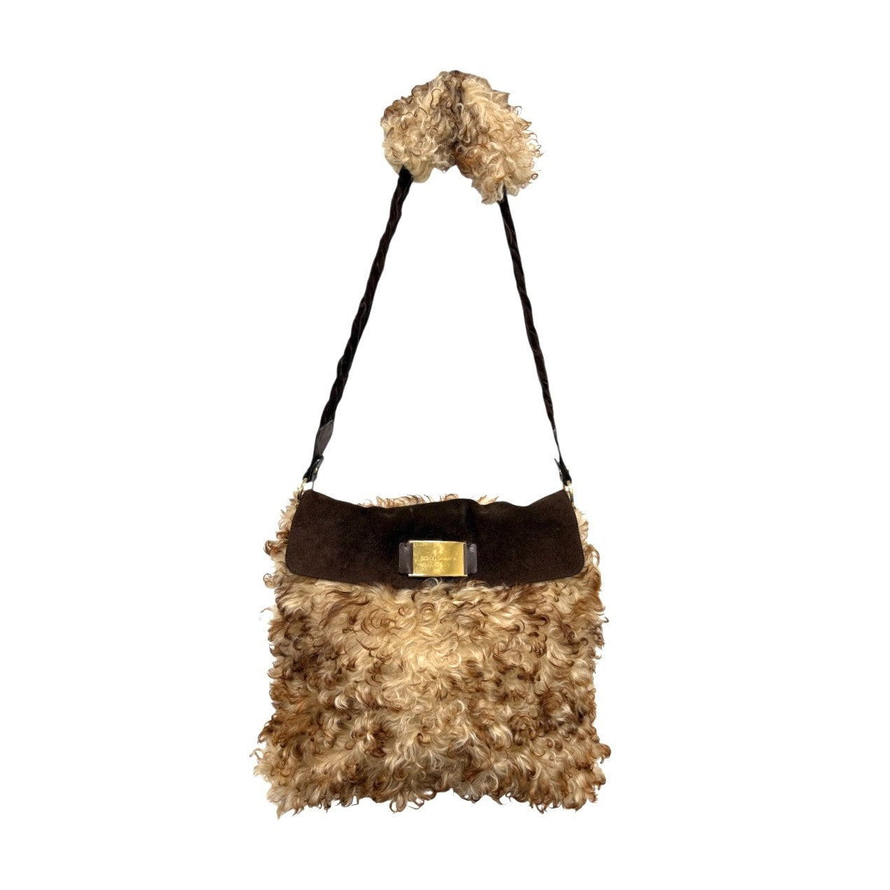 DOLCE&GABBANA Vintage Curly Lamb Shearling Suede Shoulder Bag Brown Beige Fur