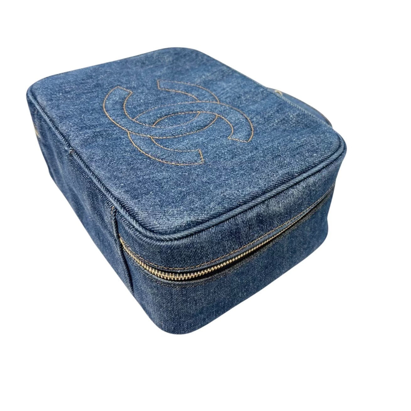 CHANEL Vintage CC Logo Denim 2way Vanity Shoulder Bag Blue Gold Handbag