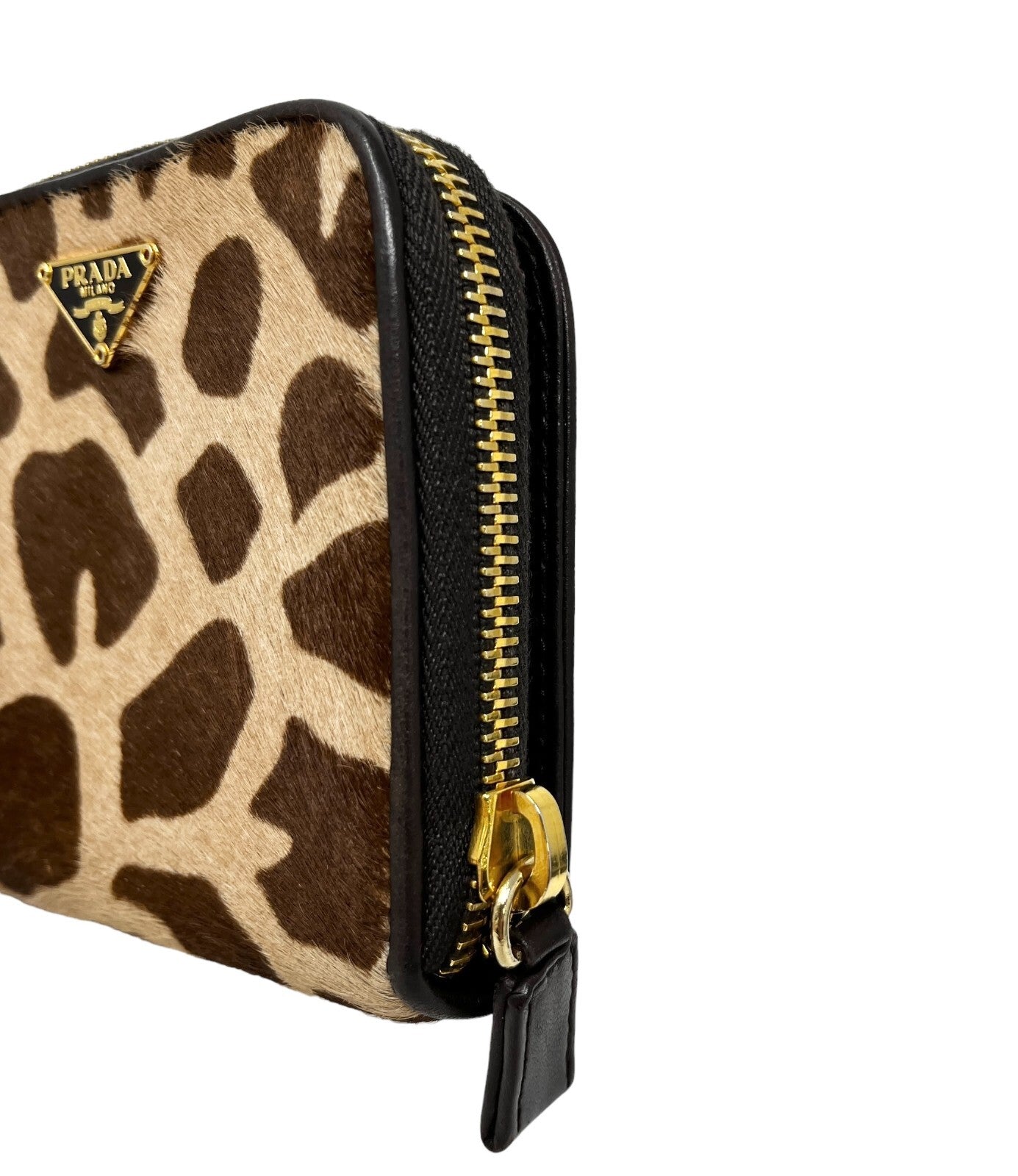 PRADA Vintage Logo Animal Print Wallet Calf Hair Zip Snap Brown Gold RankAB