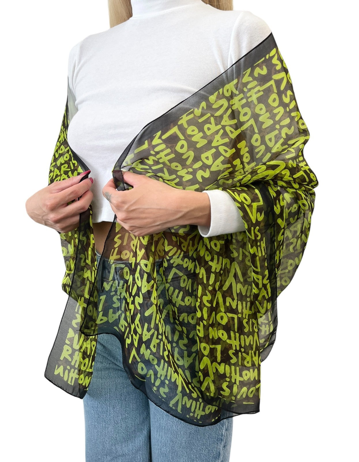 LOUIS VUITTON Vintage LV Monogram Logo Graffiti Scarf Green Brown Silk