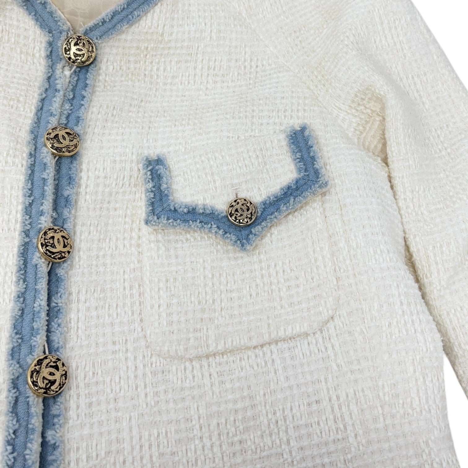 CHANEL Vintage 07P CC Logo Tweed Long Jacket Trim Denim #42 Blue White Button