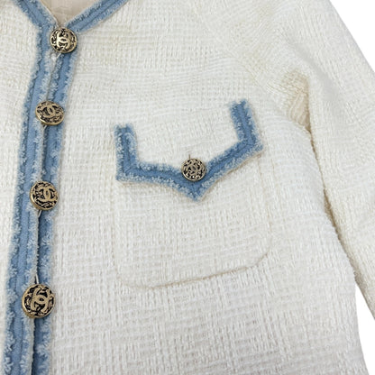 CHANEL Vintage 07P CC Logo Tweed Long Jacket Trim Denim #42 Blue White Button
