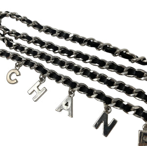 CHANEL Vintage A12W CC Logo Chain Belt Silver Black Metal Leather Rank AB