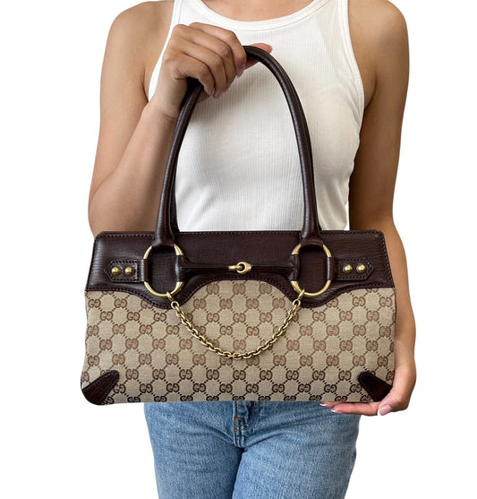 GUCCI Vintage GG Monogram Horsebit Chain Tote Bag Beige Brown Canvas 901926