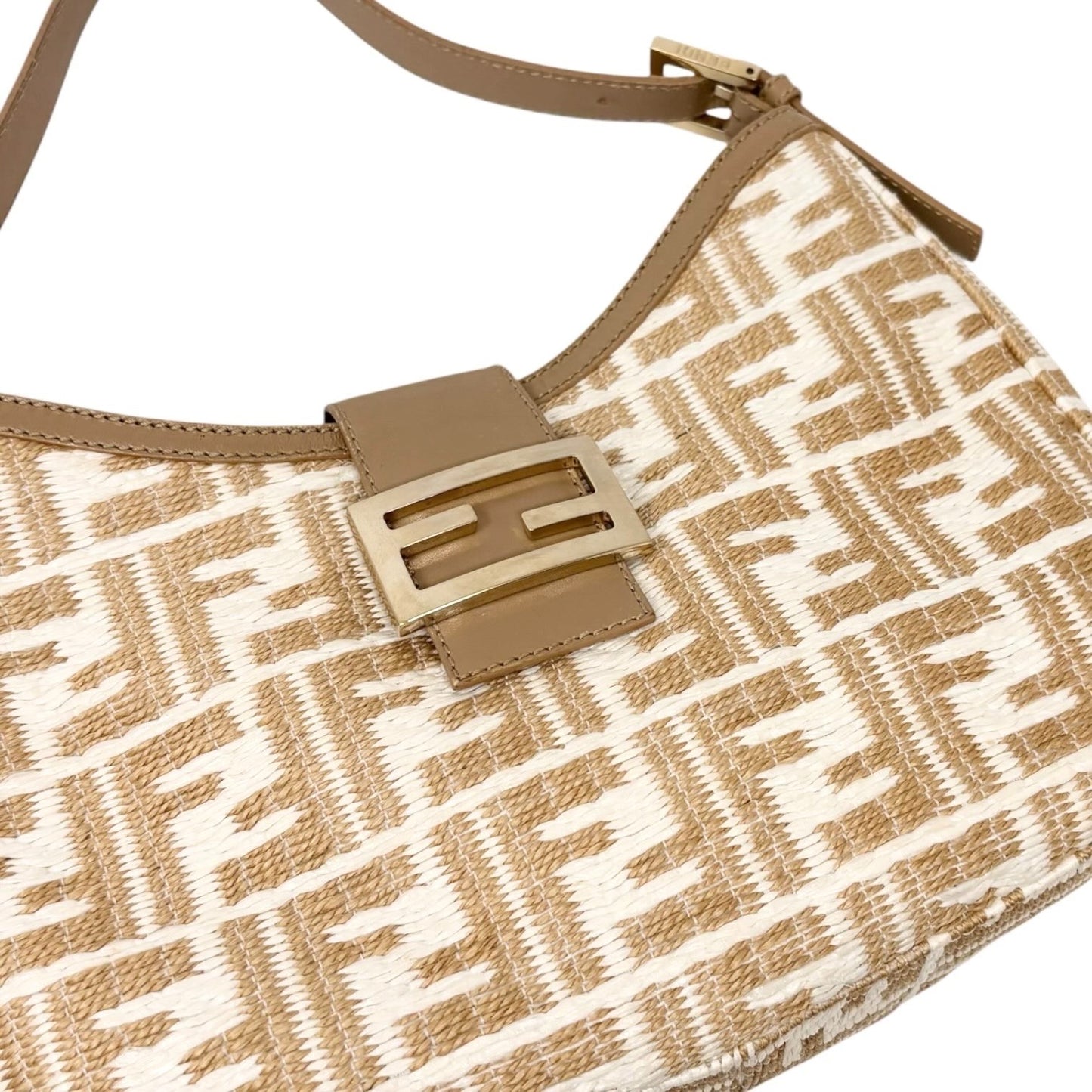 FENDI Vintage FF Logo Zucca Raffia Hobo Shoulder Bag Beige White Leather