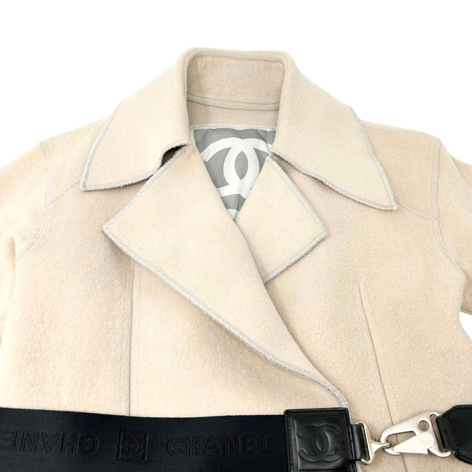 CHANEL Sport Vintage CC Mark Logo Open Front Jacket Belt Beige Black Wool