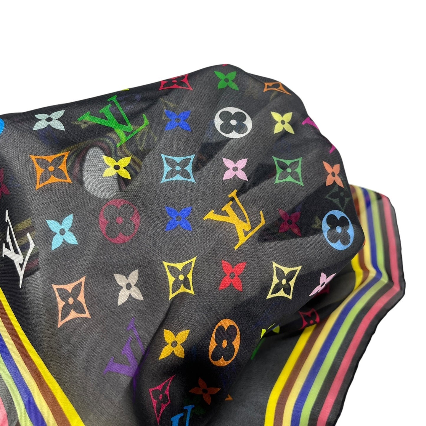 LOUIS VUITTON Vintage LV Logo Monogram Multicolor Scarf Wrap Black Silk 902226