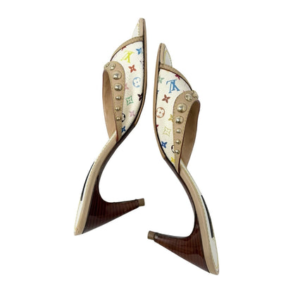 LOUIS VUITTON Vintage Monogram Multicolor Studs Sandals #38 White Gold 902551