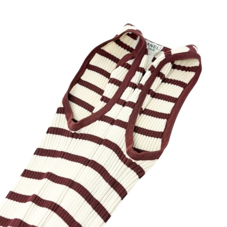 CHANEL Vintage 98P CC Mark Logo Rib Knit Tank Top Striped #40 Red White Cotton