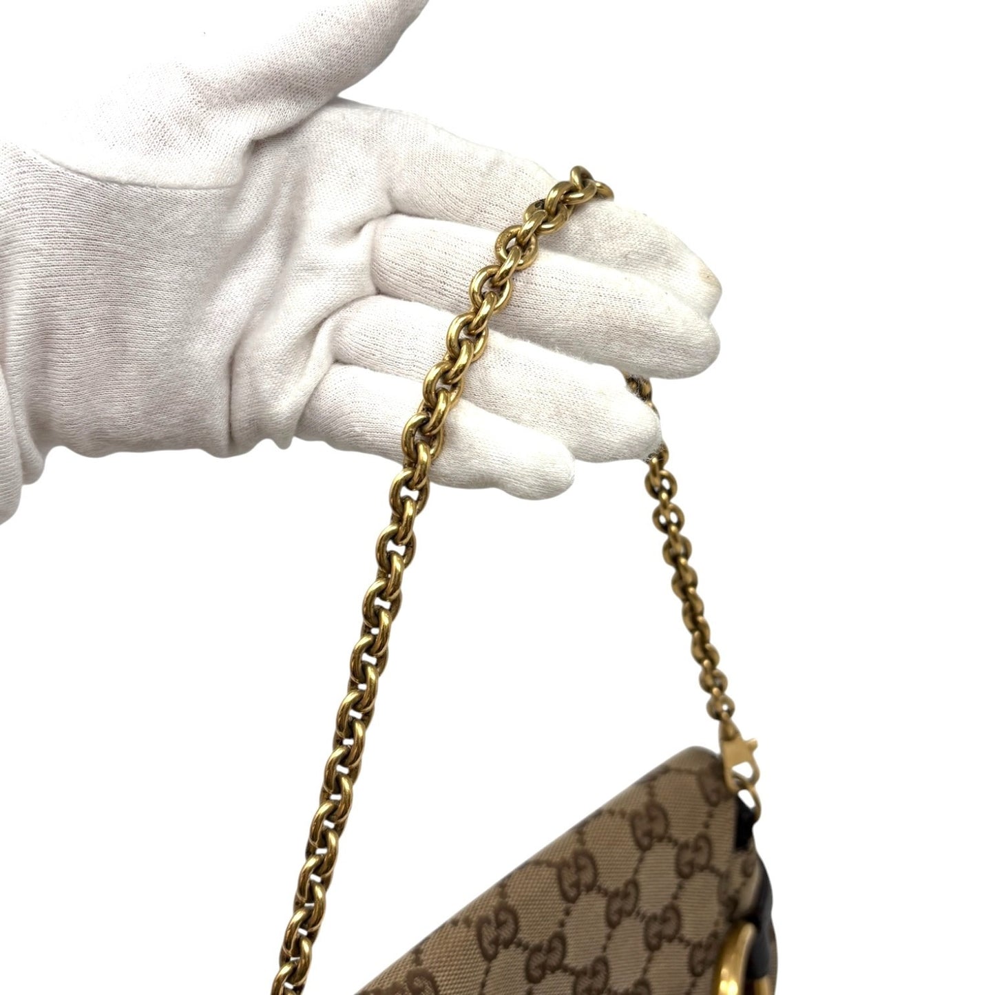 GUCCI Vintage GG Monogram Logo Horsebit Shoulder Bag Brown Gold Canvas 901880