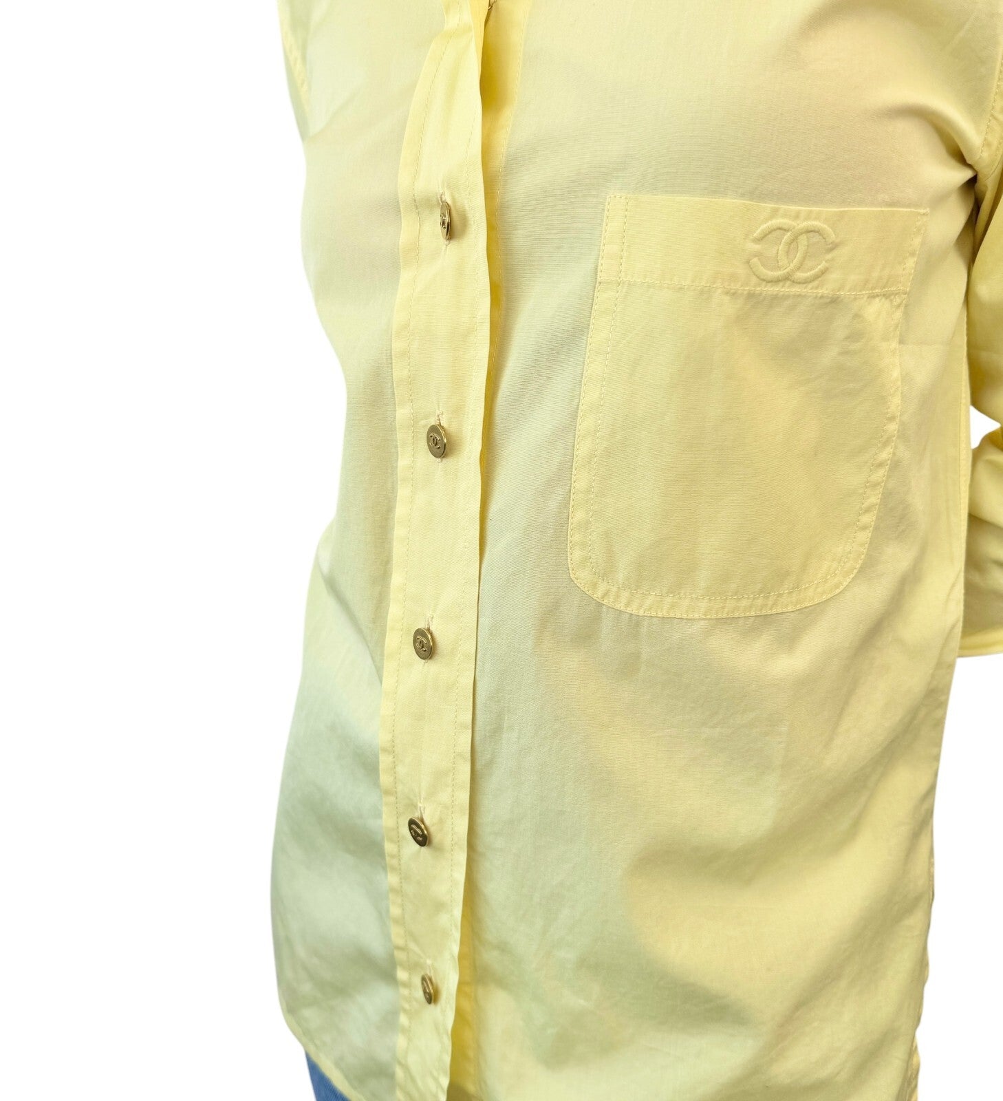 CHANEL Vintage PO4946 CC Mark Logo Shirt Top #36 Button Up Yellow Gold Cotton