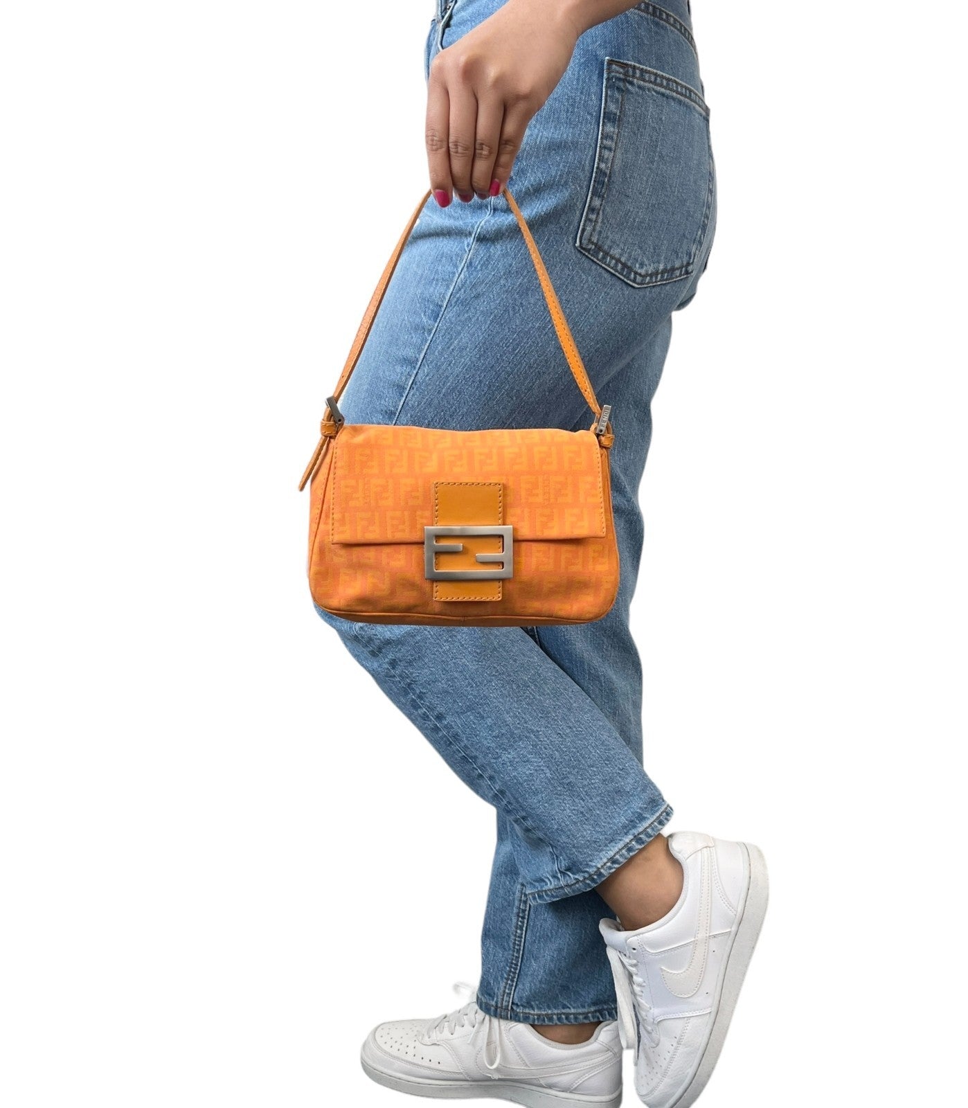FENDI Vintage Logo Zucchino Mamma Baguette Mini Shoulder Bag Orange 902036