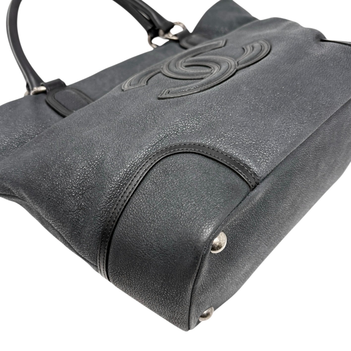 CHANEL Vintage Calfskin Leather Tote Shoulder Bag Black Distressed CC Stitch