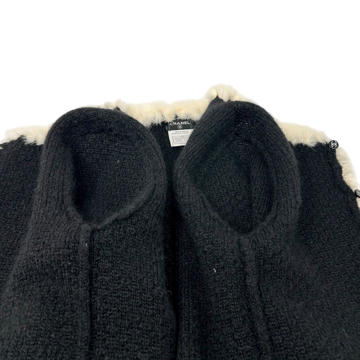 CHANEL Vintage 03A CC Logo Button Trim Fur Knit Jacket #38 Black White Mohair