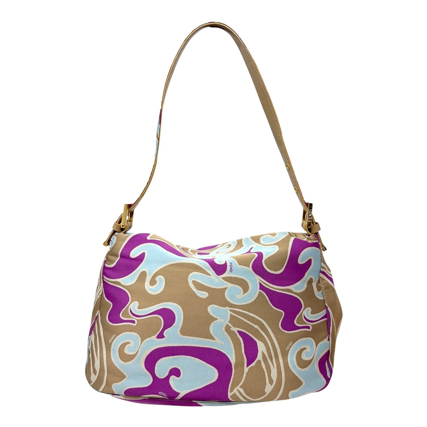 FENDI Vintage FF Logo Mamma Baguette Psychedelic Print Shoulder Bag Silk Beige