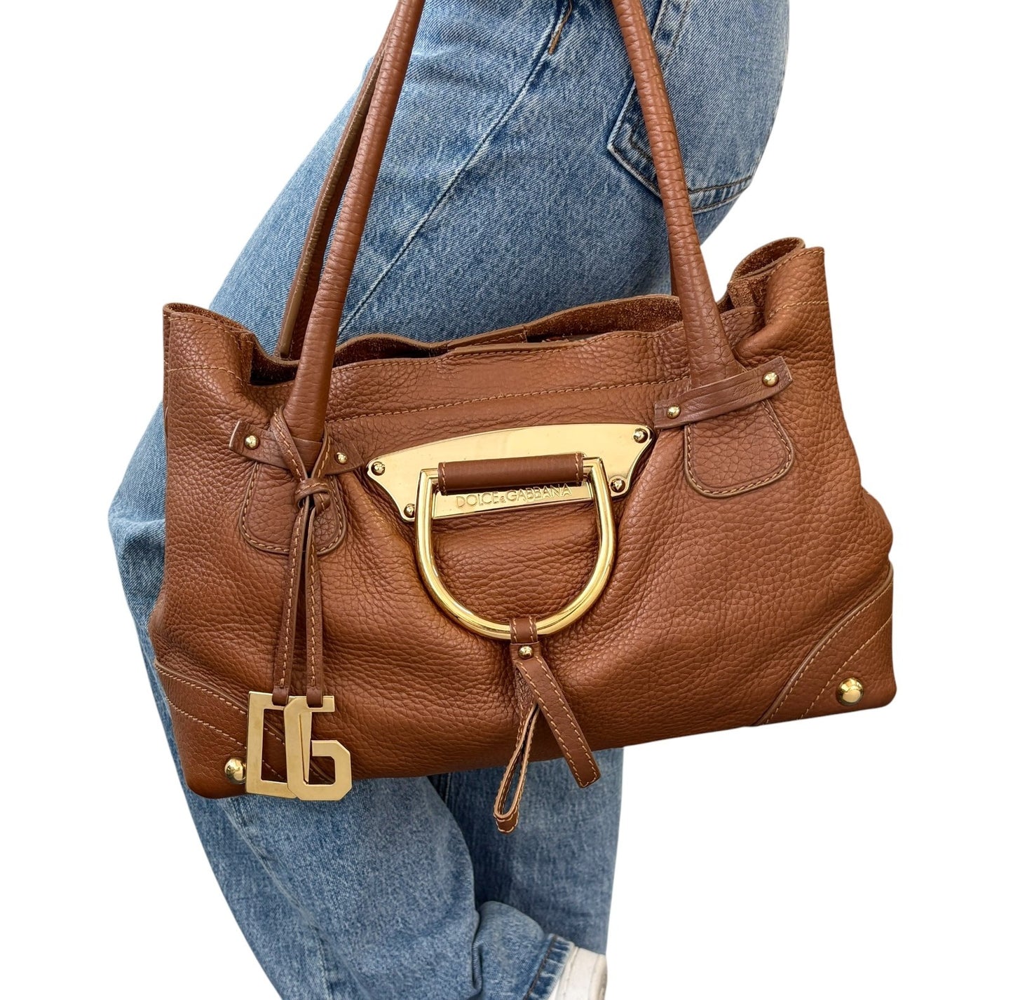 DOLCE&GABBANA Vintage DG Logo Shoulder Tote Bag Brown Gold Leather 902064