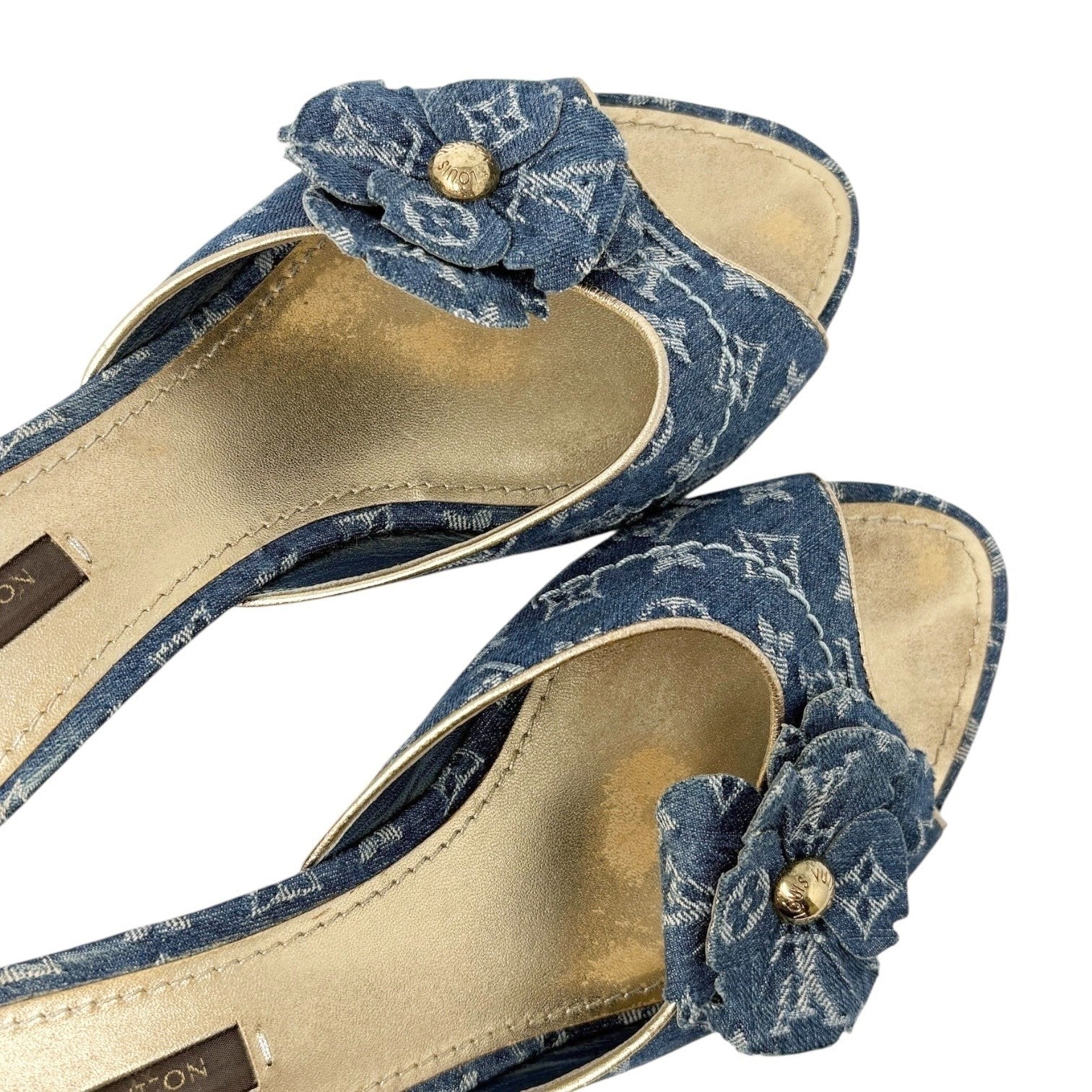 LOUIS VUITTON Vintage LV Monogram Denim Flower Heels Sandals #37 Blue Gold