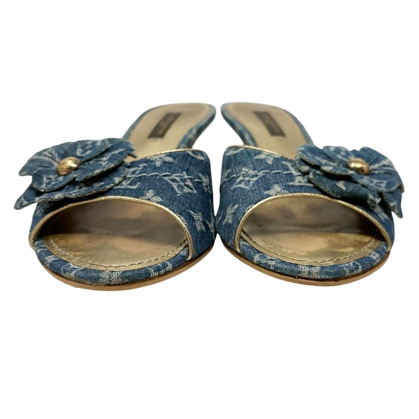 LOUIS VUITTON Vintage Monogram Denim Flower Sandals #36 Blue Gold 902407