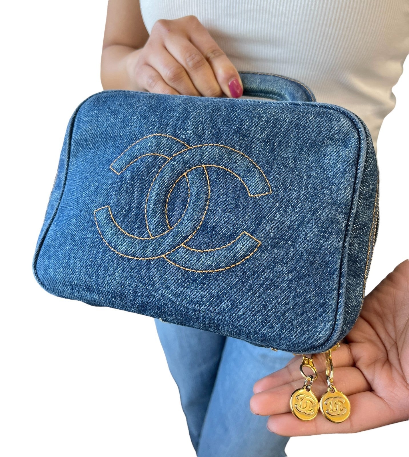 CHANEL Vintage CC Logo Denim 2way Vanity Shoulder Bag Blue Gold Handbag