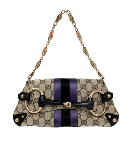 GUCCI Vintage GG Monogram Chain Shoulder Bag Horsebit Brown Black Canvas RankAB