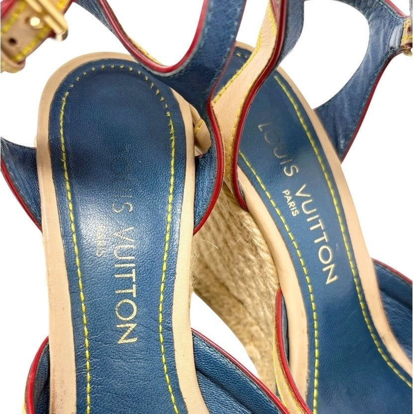 LOUIS VUITTON Vintage Logo Monogram Sandals Heels #36.5 Blue Beige Denim
