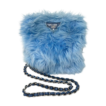 PRADA Vintage Logo Pelliccia Chain Shoulder Bag Mini Pouch Blue Faux Fur 902321