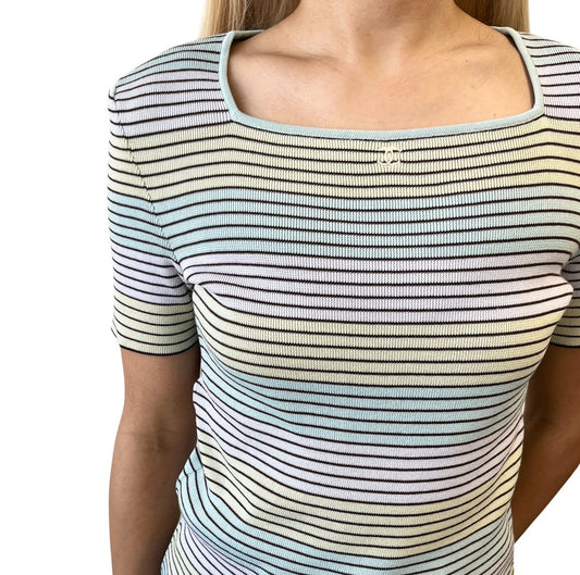 CHANEL Vintage 98P CC Logo Stripe Knit Shirt Top #40 Multicolor Cotton 902213