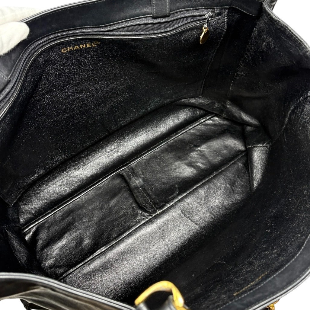 CHANEL Vintage Big CC Logo Chain Tote Shoulder Bag Black Gold Leather 902803