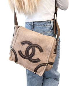CHANEL Vintage 2006 CC Logo Mouton Crossbody Bag Shoulder Bag Greige Leather