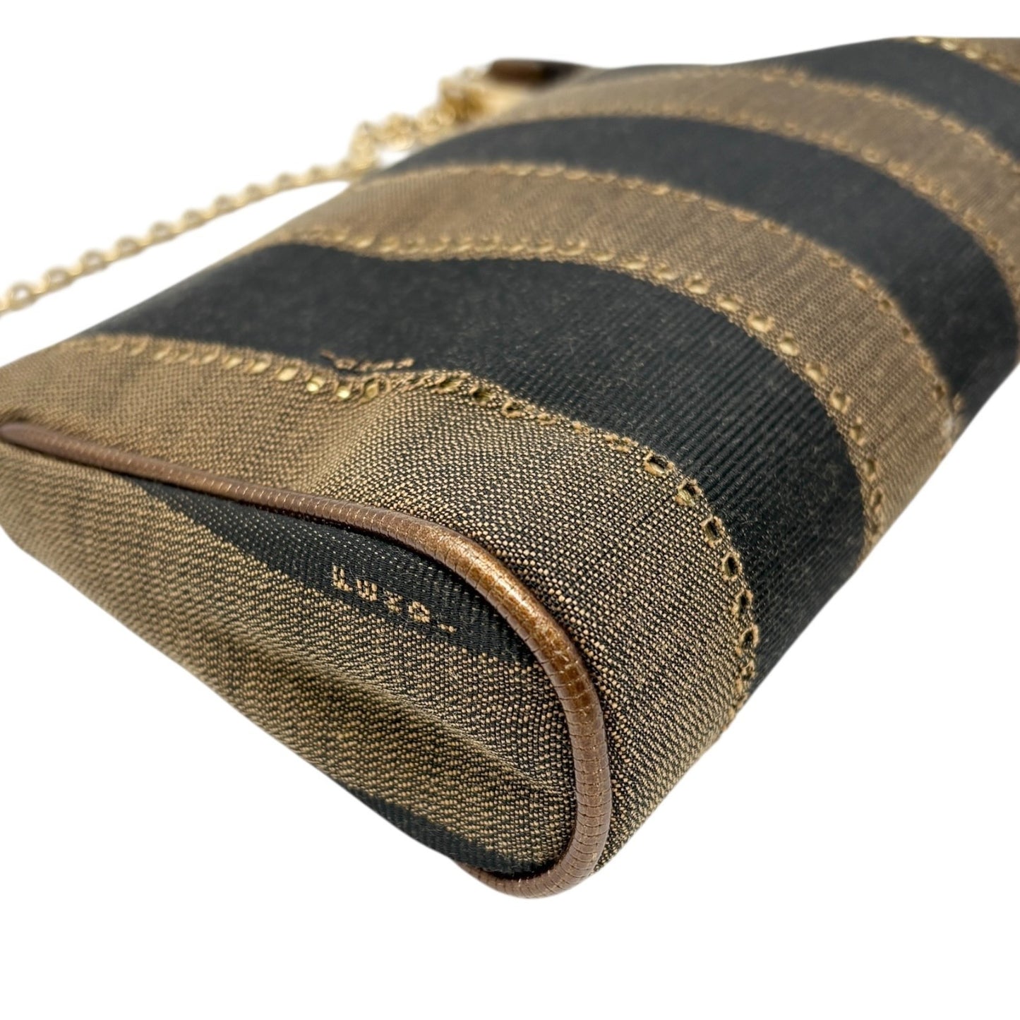 FENDI Vintage Logo Striped Canvas Shoulder Crossbody Bag Brown Black 2way Chain