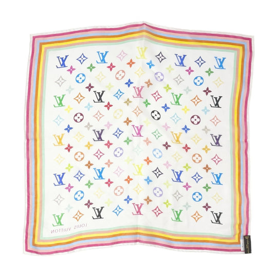 LOUIS VUITTON Vintage LV Logo Monogram Multicolor Silk Scarf White 901980