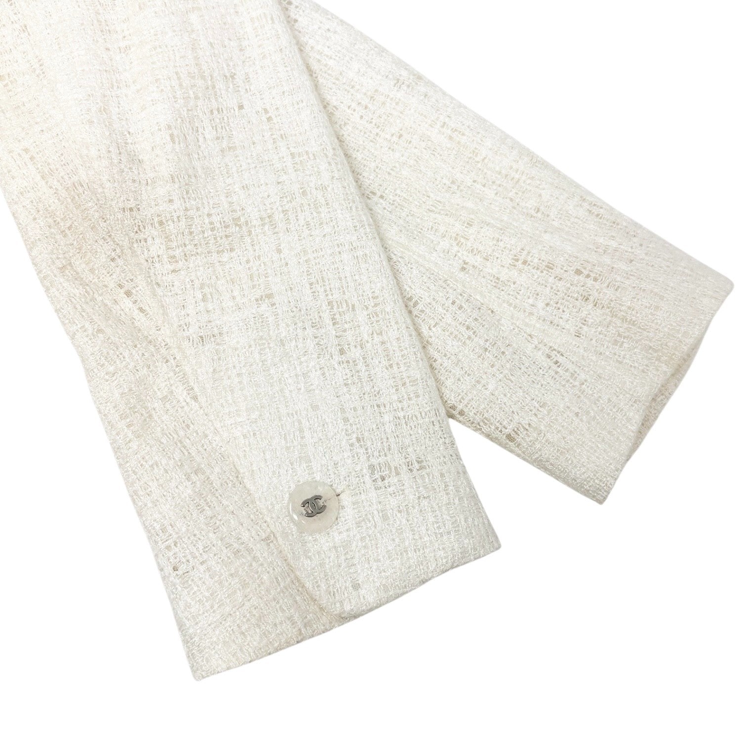 CHANEL Vintage 98P CC Logo Button Boucle Tweed Blazer Jacket #38 White Silver