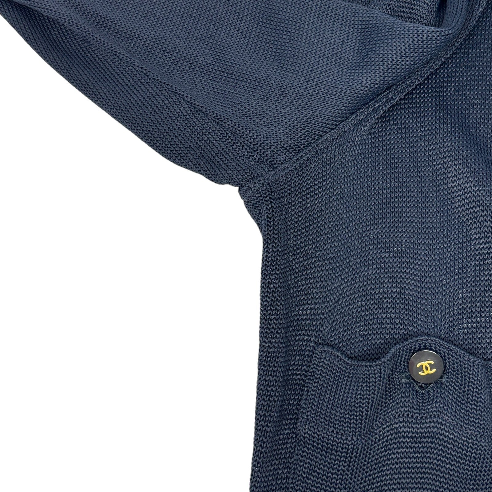 CHANEL Vintage CC Logo Knit Cardigan Long Sleeve Dark Blue Pocket Button